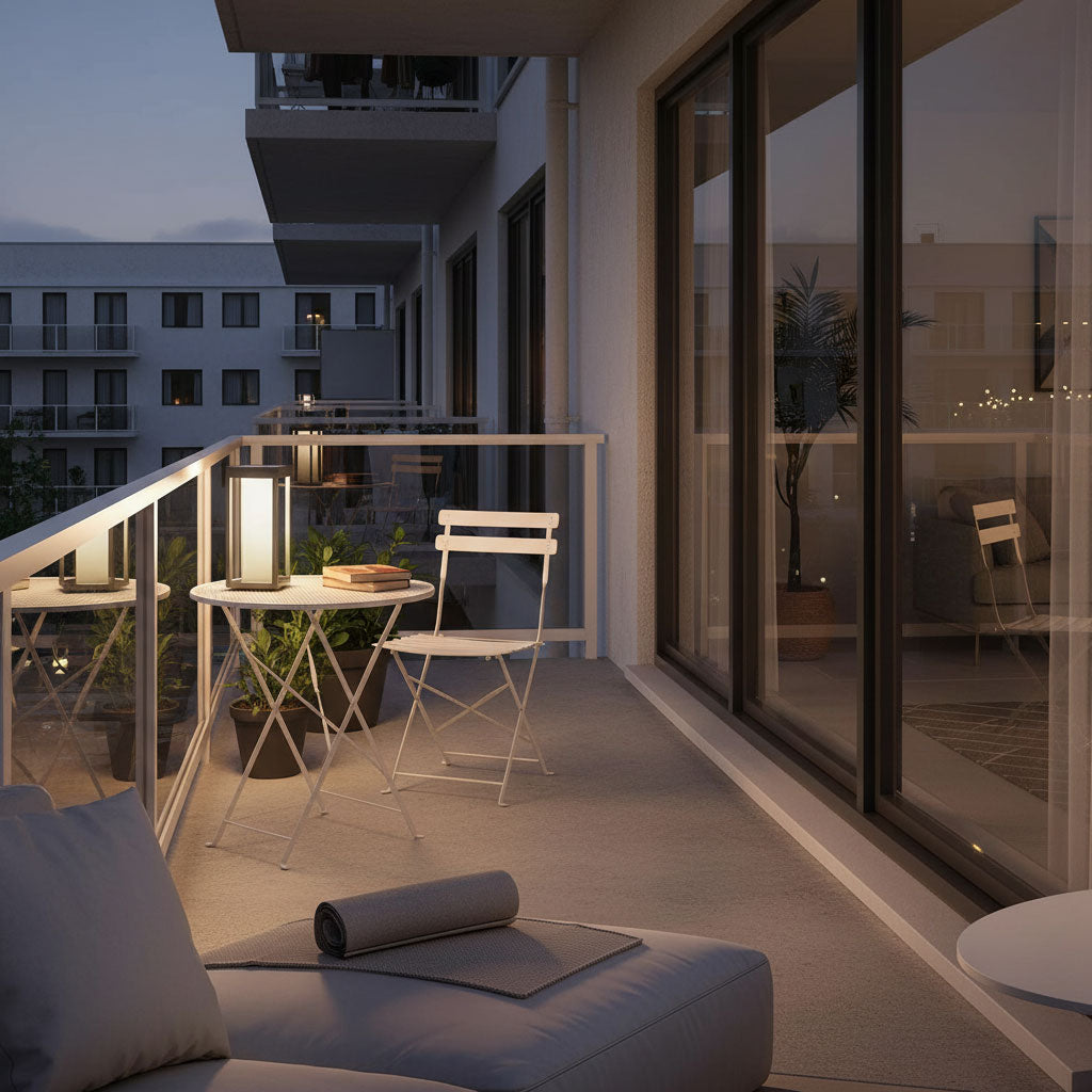 Eine Solarleuchte auf einem schlanken Balkon einer Mietwohnung