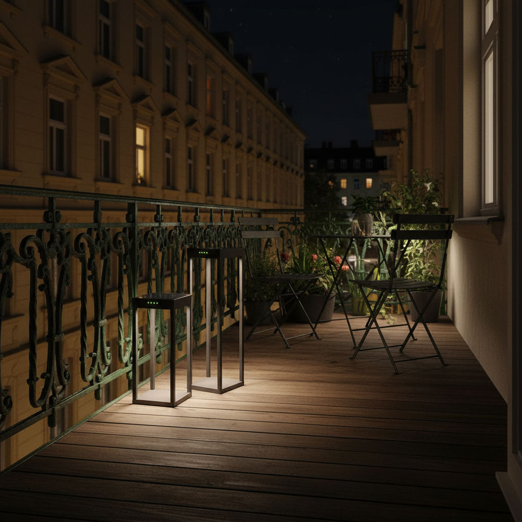 ein gemütlicher Balkon einer Altbauwohnung in Abendstimmung mit Solarleuchten