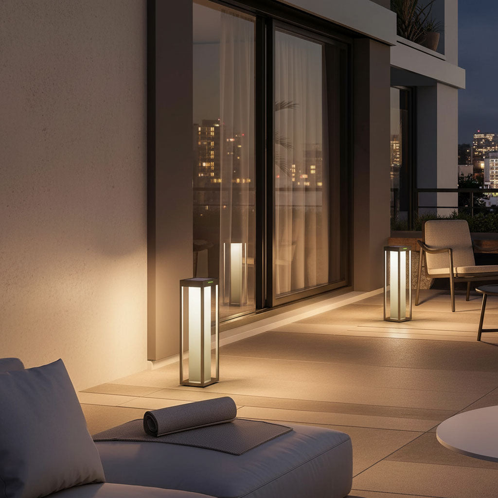 2 Solarleuchten von Klewe abends auf einem Balkon